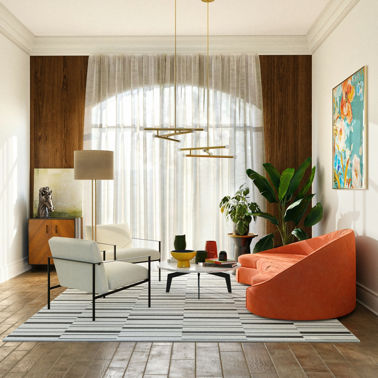 Elegant living room with an orange modern sofa, cream accent chairs, striped rug, indoor plants, wood-paneled walls, and contemporary artwork – Novita Casa luxury home décor inspiration.